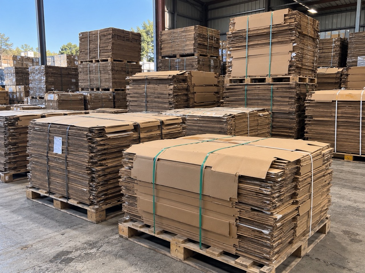 Pallets of flattened corrugated bulk boxes banded with green and white strapping, stacked in daylight near an open bay