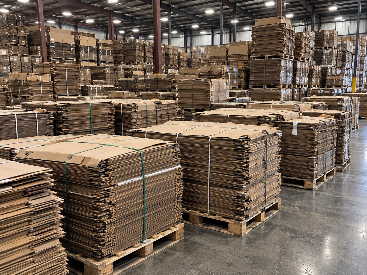 A large warehouse filled to the roof with pallets of banded, flattened corrugated bulk boxes