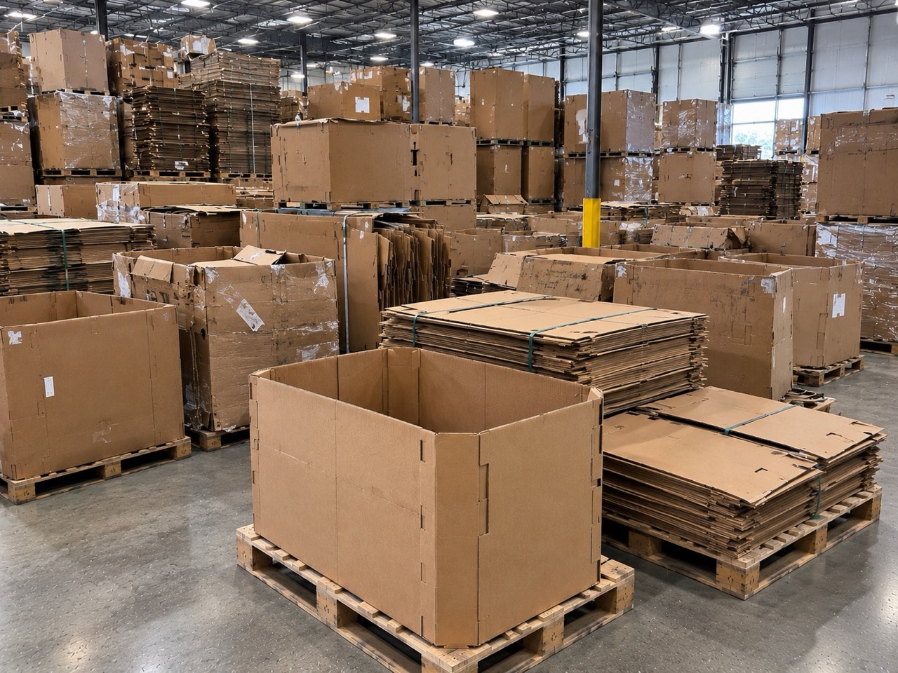 A warehouse floor with assembled used bulk boxes on pallets and banded stacks of flattened board in the background