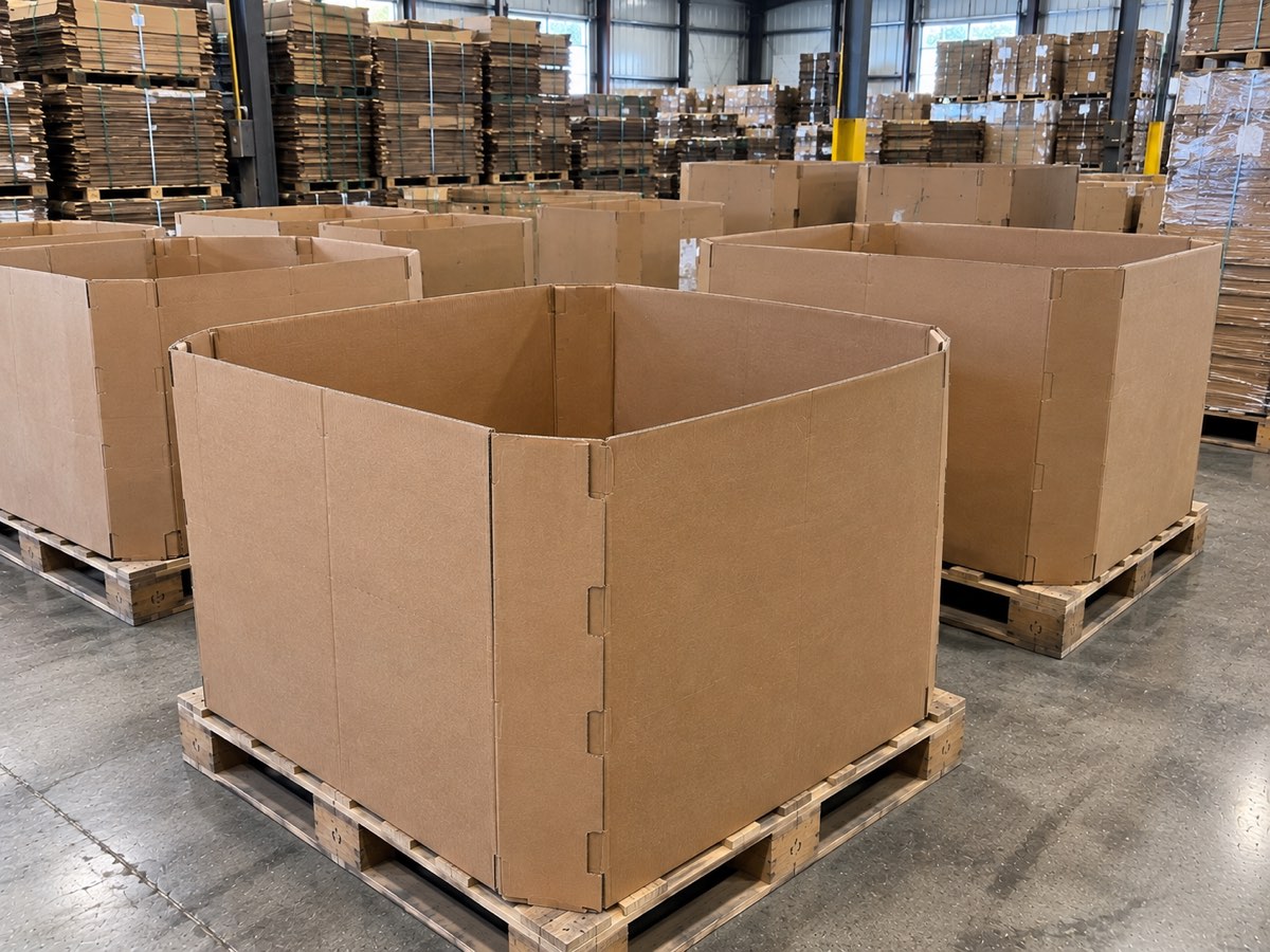 Several clean assembled gaylord boxes standing in a row on pallets in a warehouse